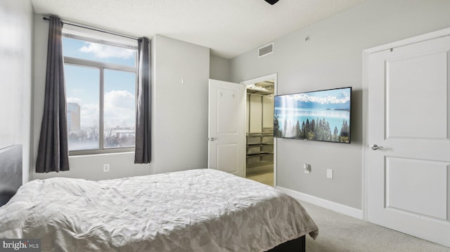 carpeted bedroom featuring multiple windows and a textured ceiling