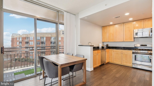 kitchen featuring a wall of windows, stainless steel appliances, dark hardwood / wood-style floors, and light brown cabinets