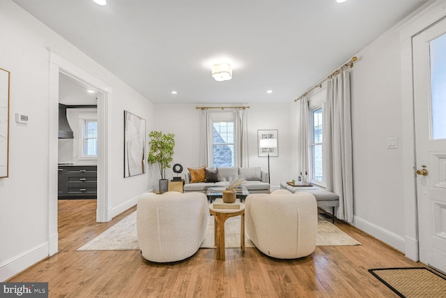 living room featuring baseboards, wood finished floors, and recessed lighting