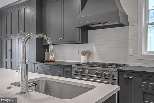 kitchen with tasteful backsplash, stainless steel stove, custom range hood, and a sink