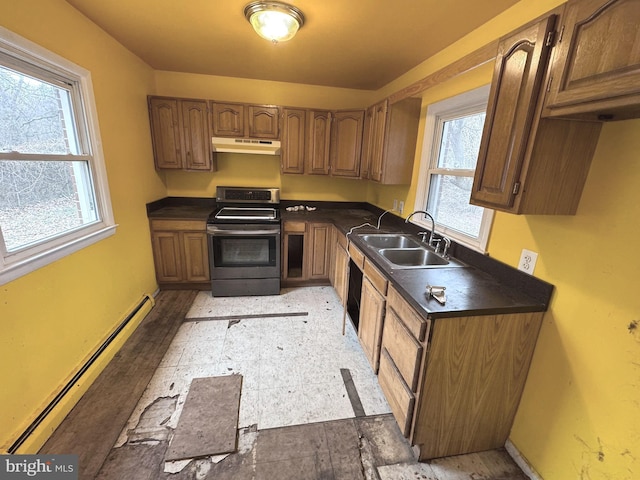 kitchen featuring baseboard heating, a healthy amount of sunlight, sink, and stainless steel range with electric cooktop