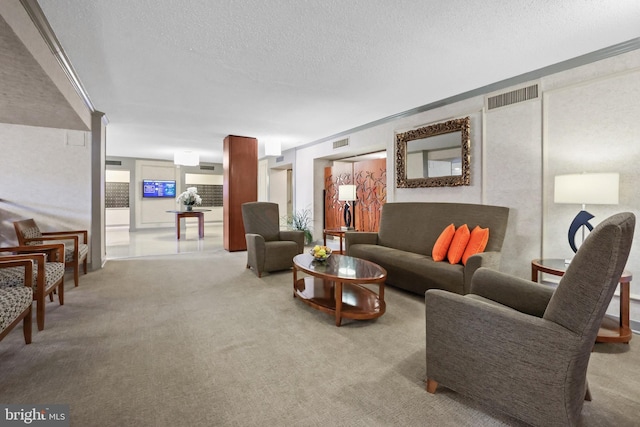 carpeted living room featuring a textured ceiling