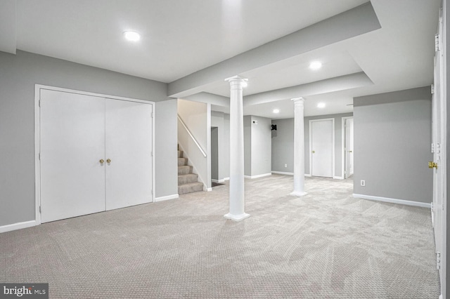 basement with light colored carpet