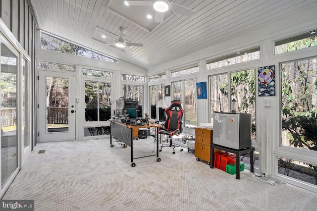 office area with light carpet, lofted ceiling, wooden ceiling, and ceiling fan