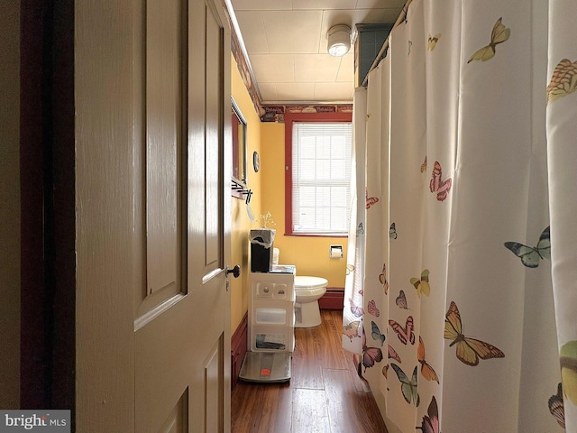 bathroom with toilet and hardwood / wood-style floors