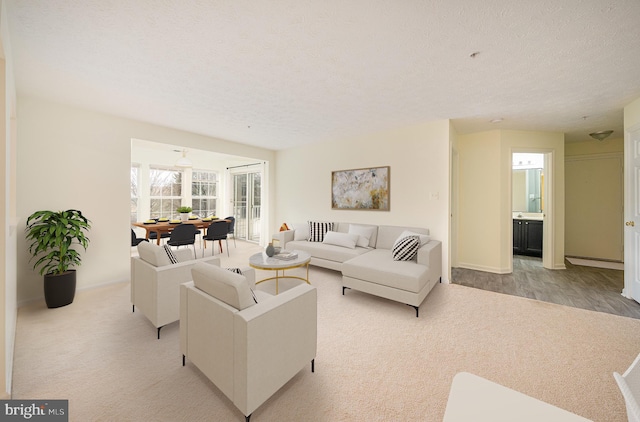 carpeted living room featuring a textured ceiling