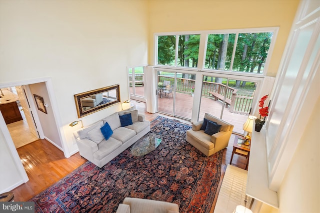 living area featuring a healthy amount of sunlight, light wood finished floors, a high ceiling, and baseboards