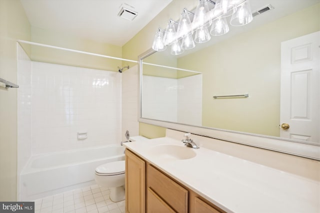 full bathroom with visible vents, toilet, vanity, tile patterned floors, and shower / bathtub combination