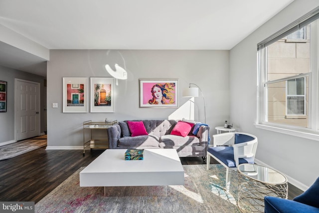 living area featuring baseboards and dark wood-style flooring