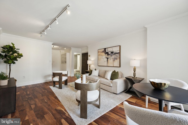 living room featuring crown molding and dark hardwood / wood-style flooring