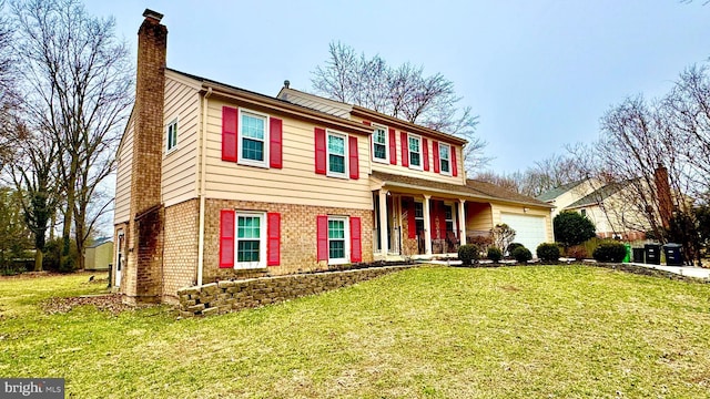 view of front of house featuring a garage, a front yard, and a porch