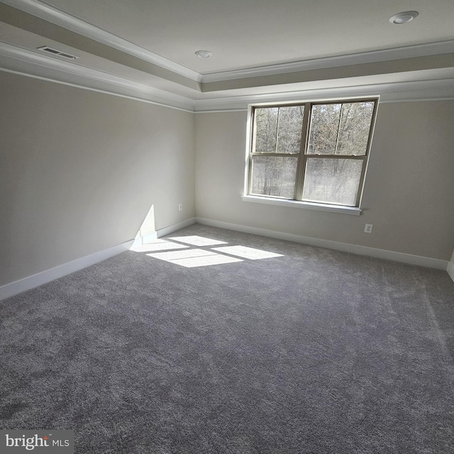 carpeted empty room featuring crown molding and a tray ceiling