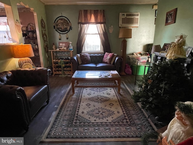 living room featuring hardwood / wood-style floors and a wall unit AC