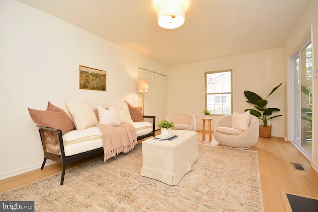 living room with plenty of natural light and wood-type flooring