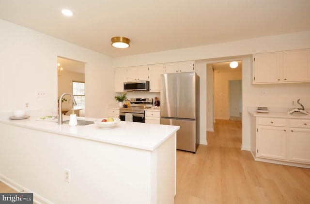 kitchen with sink, white cabinetry, light wood-type flooring, appliances with stainless steel finishes, and kitchen peninsula