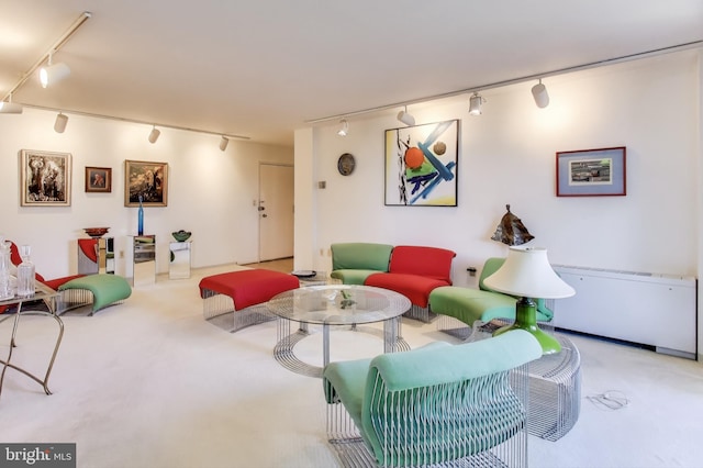 carpeted living room featuring track lighting