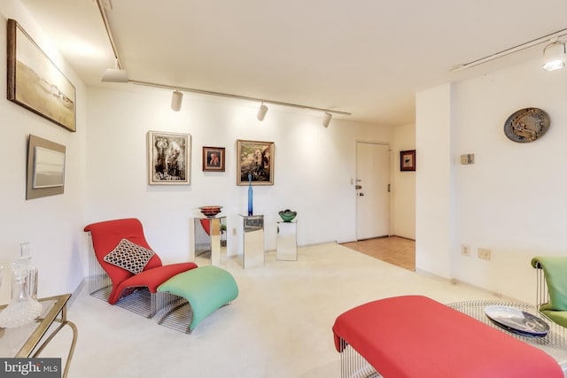 living area with light colored carpet and track lighting