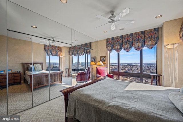 bedroom featuring recessed lighting, visible vents, and ceiling fan