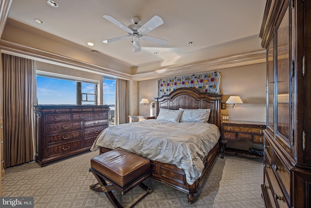 bedroom with a ceiling fan, recessed lighting, and visible vents