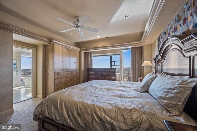 bedroom featuring carpet floors, ornamental molding, a ceiling fan, and recessed lighting