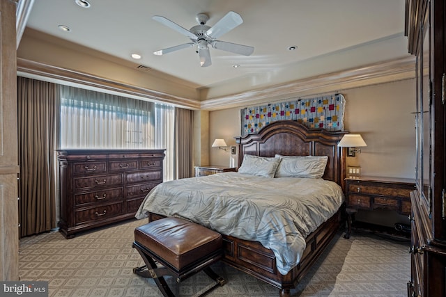 bedroom with a ceiling fan, recessed lighting, and visible vents