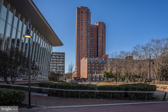 view of building exterior with a city view