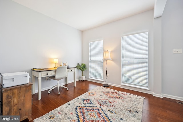 office area featuring visible vents, baseboards, and hardwood / wood-style flooring