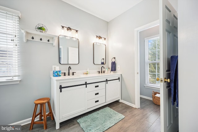 full bathroom featuring double vanity, wood finished floors, baseboards, and a sink