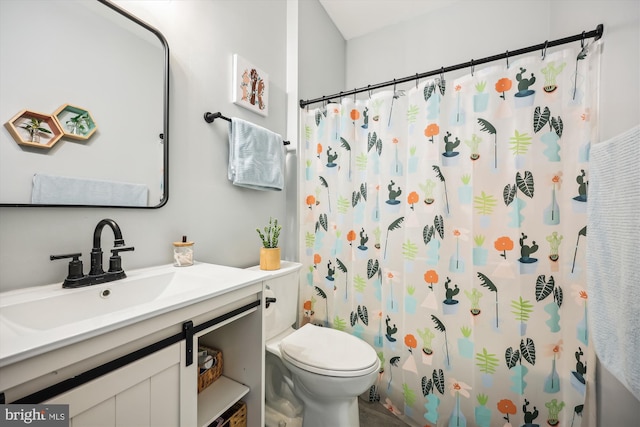 full bathroom featuring vanity, curtained shower, and toilet