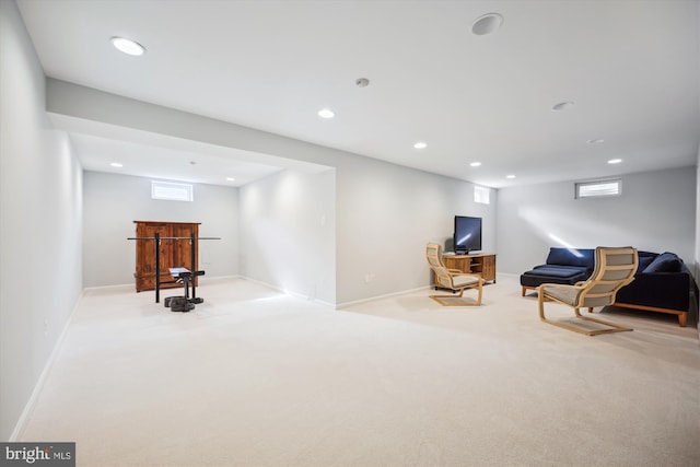 sitting room with recessed lighting, baseboards, and carpet floors