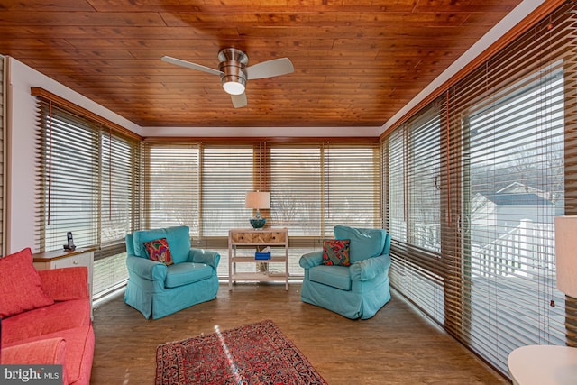 sitting room with a wealth of natural light, hardwood / wood-style floors, wooden ceiling, and ceiling fan