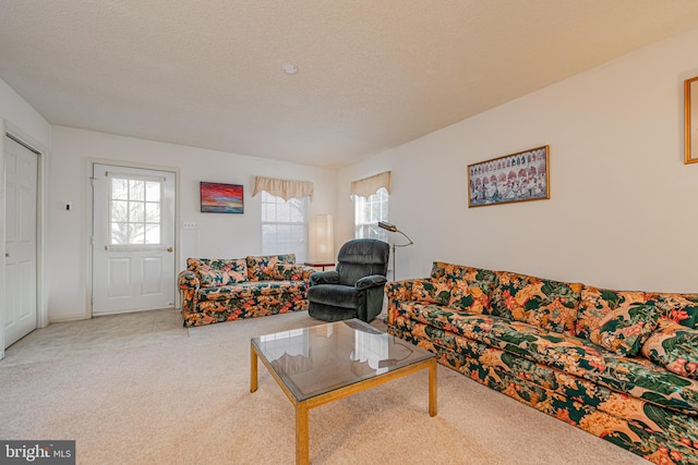 living room featuring carpet floors, a wealth of natural light, and a textured ceiling