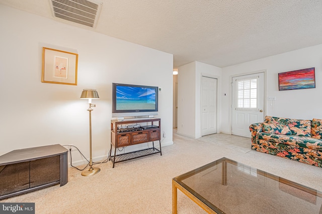 living room featuring a textured ceiling and carpet flooring