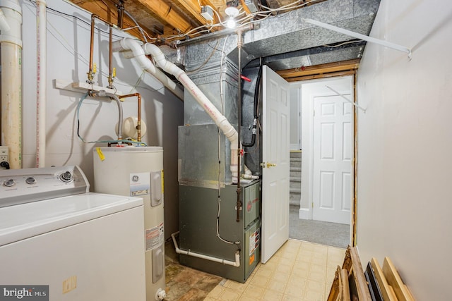 utilities featuring washer / clothes dryer, electric water heater, and heating unit