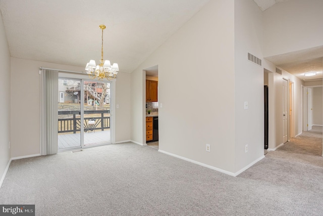 interior space featuring light carpet, high vaulted ceiling, and an inviting chandelier