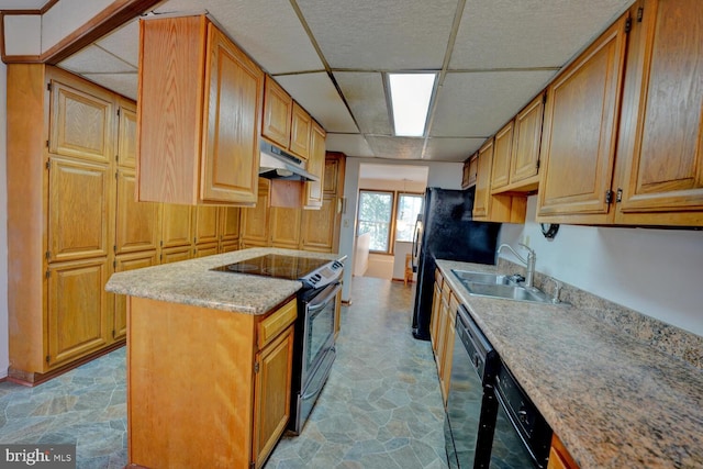 338 Blue Heron Rd, Dover, DE 19904 - kitchen with a drop ceiling, sink, black appliances, and light stone countertops