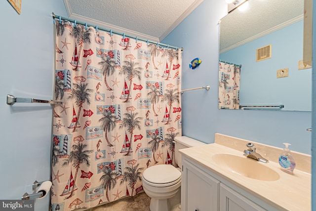 bathroom with toilet, crown molding, a textured ceiling, vanity, and curtained shower