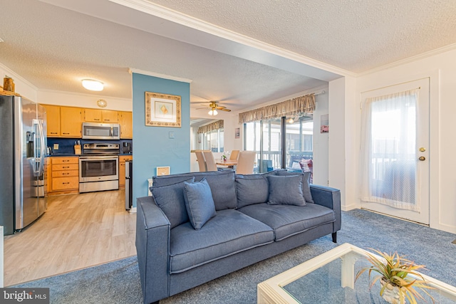 living room with ceiling fan, ornamental molding, light hardwood / wood-style floors, and a textured ceiling