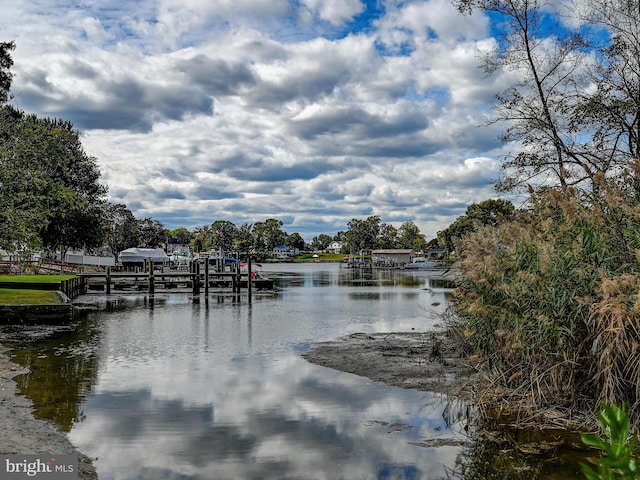 view of water feature with a dock