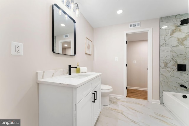 full bathroom with visible vents, toilet, marble finish floor, baseboards, and vanity