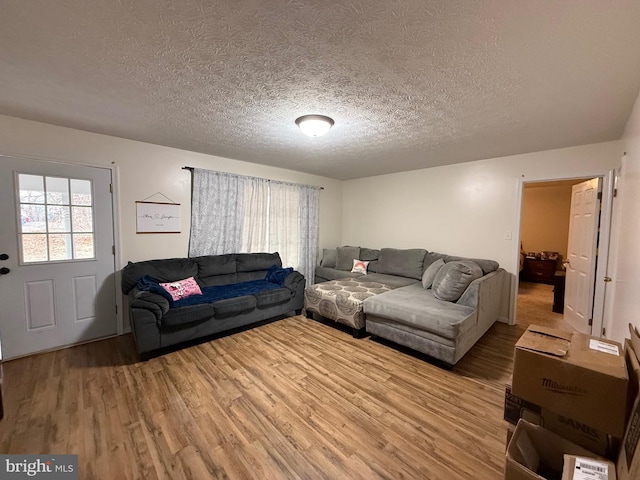 living room featuring light wood-style floors and a textured ceiling