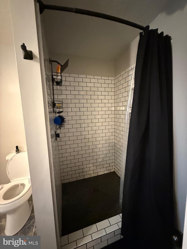 bathroom with toilet and a shower with curtain