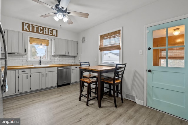 kitchen featuring dishwasher, sink, light hardwood / wood-style floors, and decorative backsplash