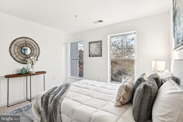 bedroom with light carpet