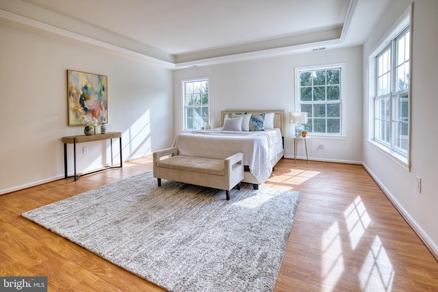 bedroom with a tray ceiling and light hardwood / wood-style flooring