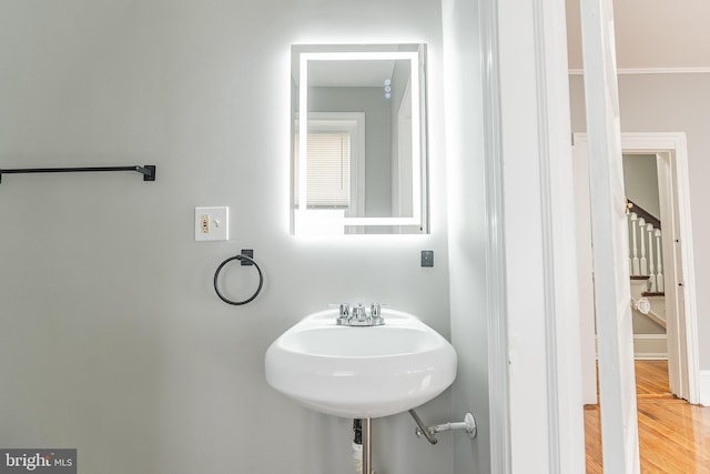 bathroom with a sink and wood finished floors