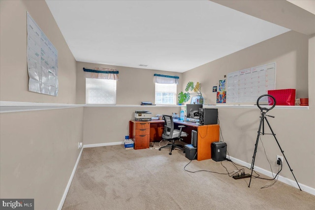 home office with light carpet