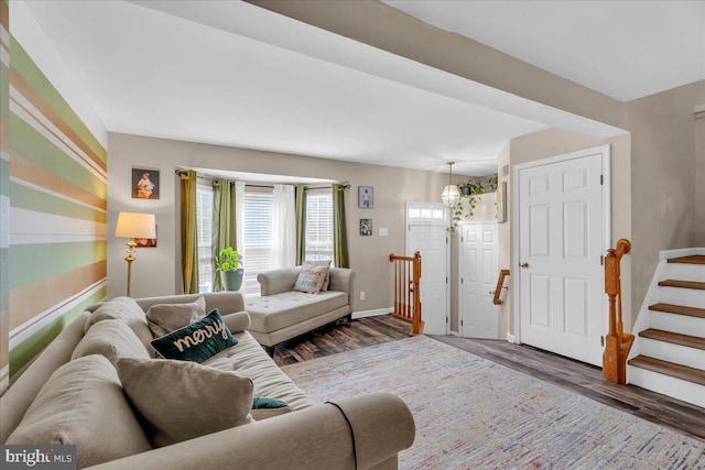 living room with dark hardwood / wood-style floors