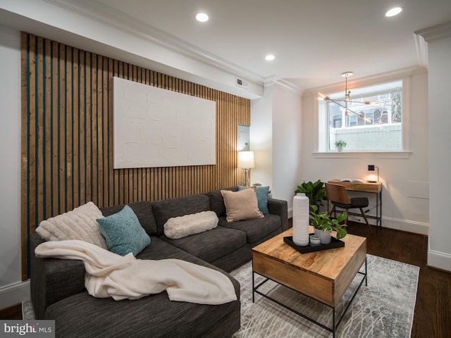 living room featuring crown molding and dark wood-type flooring