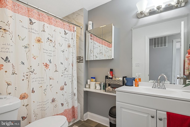 full bathroom with toilet, shower / tub combo with curtain, and vanity